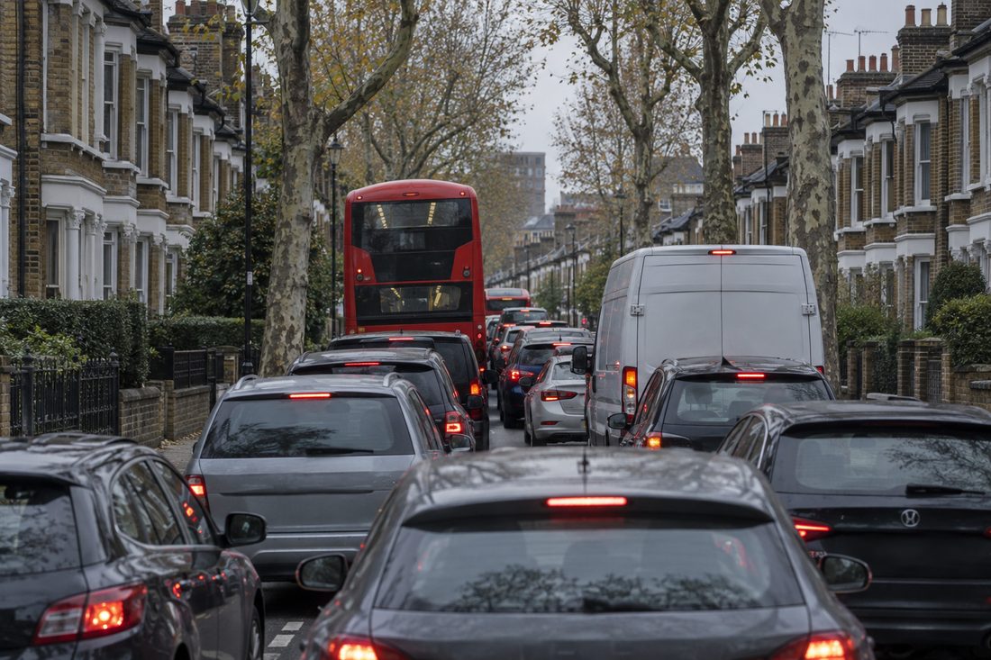 Queuing traffic backed up along a residential street of Victorian terraces in Battersea.
