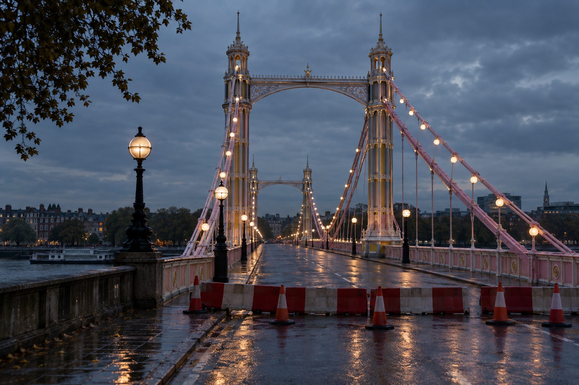 Albert Bridge at dusk, lit by its globe lamps, with red and white barriers and cones closing the empty carriageway.